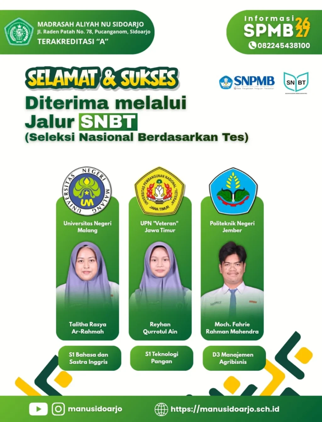 SPMB 2026-2027 - JALUR SNBTSelamat dan sukses 7 siswa MA NU Sidoarjo telah berhasil lolos masuk